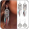 Bohemian Earrings Set Tree of Life Feather Tassel Earrings Silver Hippie Gypsy Dangle Earring Bead Women Jewelry for Birthday Party Gifts