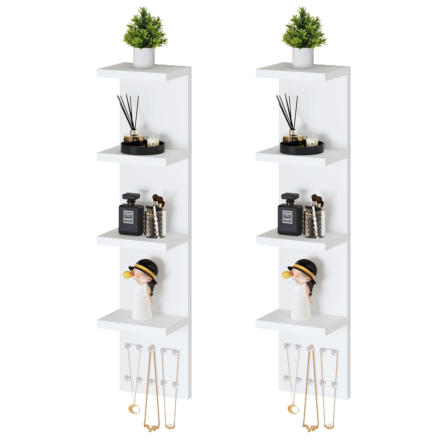 Photo 1 of LitaEther 4 Tier White Lack Shelf Vanity Wall Shelf with 10 Crystal Hooks - Multi-Functional Storage for Makeup, Jewelry, Plants, Awards & Display (L7.1 x W5.5 x H30.7) (2)