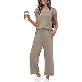 WIHOLL Two Piece Sets for Women Summer Travel Vacation Outfits Cap Sleeve Lounge Matching Sets Wide Leg Pants S-3XL