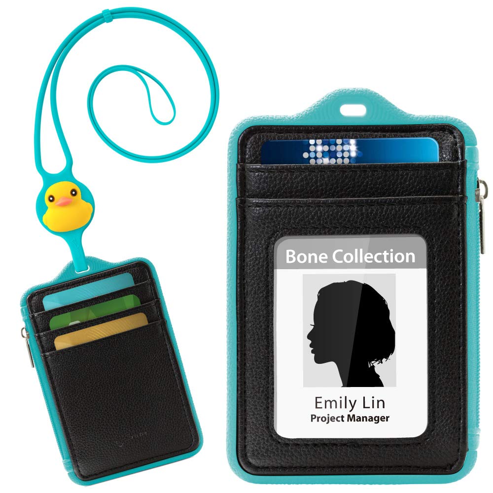 Bone Lanyard Wallet, ID Badge Holder with Zip, Premium Leather Badge Holder with ID Window, Silicone Neck Lanyard, Credit Card Slots, Zipper Pocket (Patti Duck)