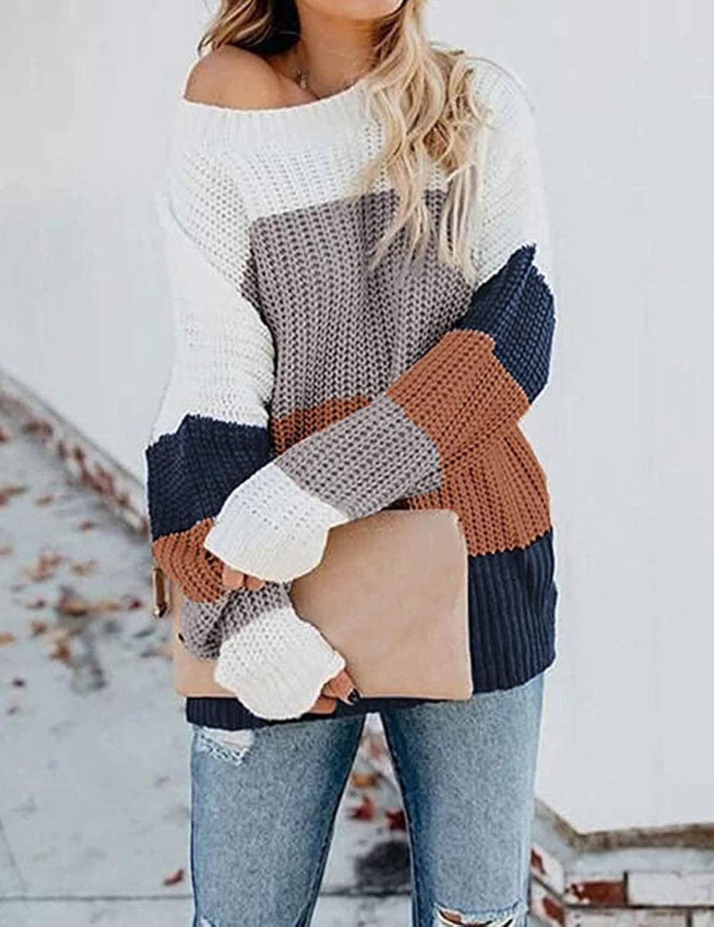 MEROKEETY Women's Crew Neck Long Sleeve Color Block Knit Sweater Casual Pullover Jumper Tops at  Women’s Clothing store