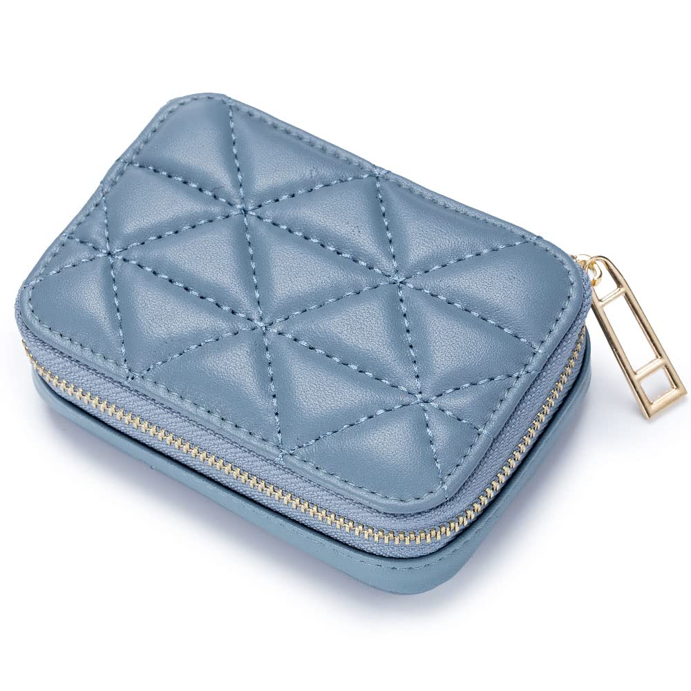 Aileder Lipstick Case with Mirror Genuine Leather Zipper Lipstick Holder Box Small Travel Makeup Cosmetic Organiser Storage Kit for Women Ladies (Blue)