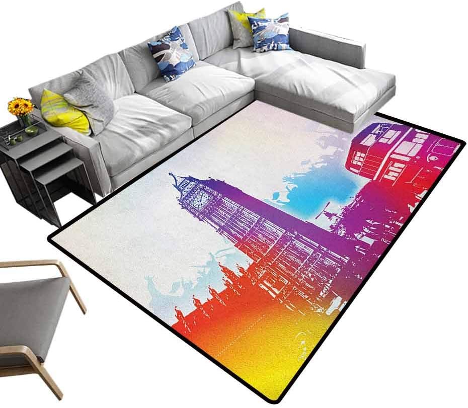 London Bedroom Carpet Historical Big Ben and Bus Great Bell Clock Tower UK Europe Street Landmark Indoor/Outdoor Area Rugs Purple Red Yellow (4'7"x5'2")