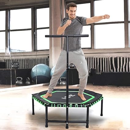 ISE Fitness Trampolin,Trampolin für Jumping Fitness Ø 122 cm höhenverstellbarer Haltegriff(113.5-134.5cm),leise Gummiseilfede