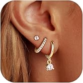 SPORCLO Gold Earrings for Women Hypoallergenic 14K Gold Plated 3 Pairs Huggie Dangle Hoop Earrings Set Surgical Steel Cubic Zirconia Stud Earring Cartilage Piercing Jewelry