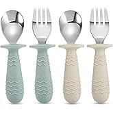 PandaEar 4 Set Baby Toddler Silicone Stainless Steel Utensils Silverware Spoon Fork for Baby Toddler BPA Free with Silicone H