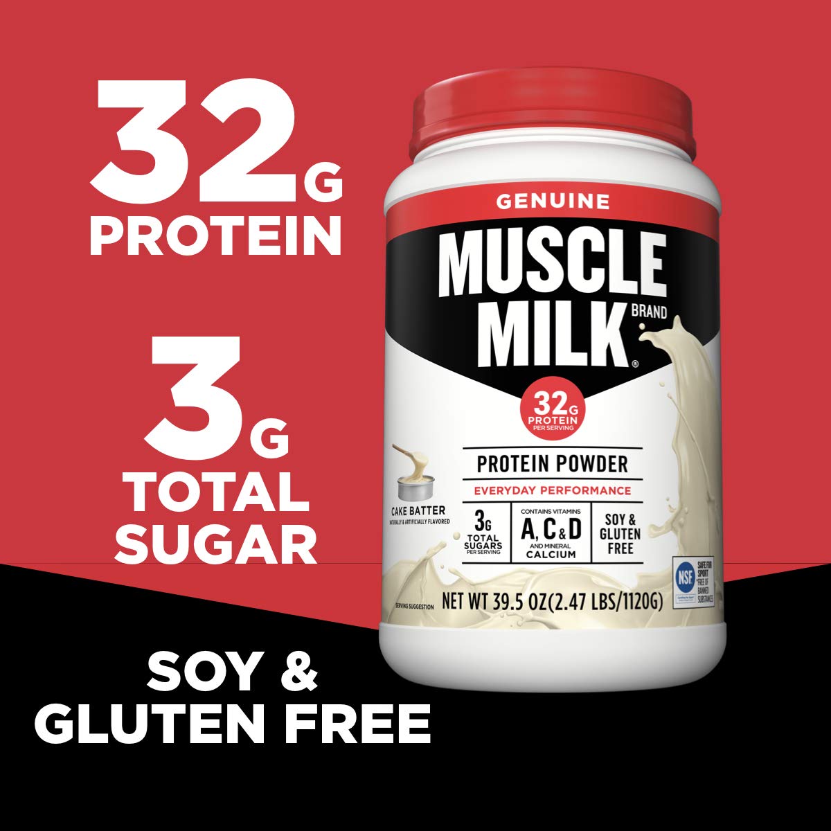 Muscle Milk Genuine Protein Powder, Cake Batter, 32g Protein, 2.47