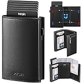 Mrain Mens Slim Minimalist Wallet Card Holder with Coin Pocket, Cash Slot, Magnetic Closure, Pop Up Aluminum Case, ID Window, Leather Wallet, RFID Blocking, 9-13 Card Capacity (Wax Black)