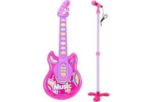 Coherny Microphone Guitar Musical Set for Kids Guitar Toy with Microphone Electric Guitar with Music Lights and Sounds Multiple Modes for Boys and Girls Gift Kits 19Inch (Pink)