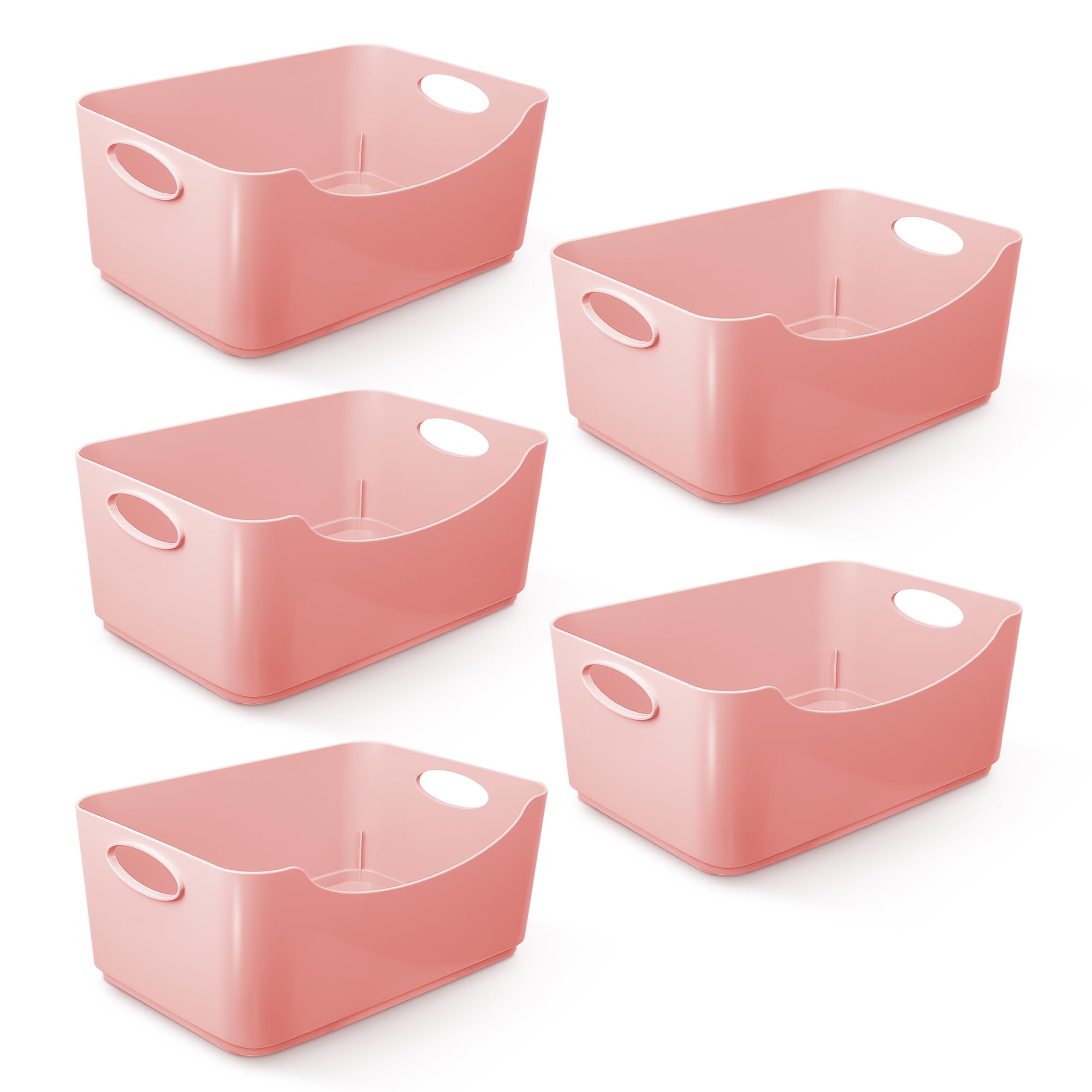 KEPLIN 5 Pack Plastic Studio Baskets with Sturdy Handles, Multi-Purpose Organiser Boxes for Home, Kitchen & Bathroom, Shelves & Drawers, Lightweight Space-Saving Containers, 22.3 x 14.8 x 10 cm
