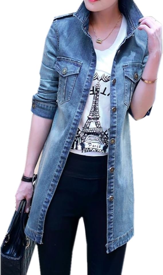 Amazon レディース シンプルアウター ジャケット デニム 長袖 ロングデニム ジャケット レディース 春 秋 上品 カジュアル ファッション 通学 通勤 可愛い ブルー ゆったり デニムジャケット 可愛い 春秋 おしゃれ コート ジャケット 通販