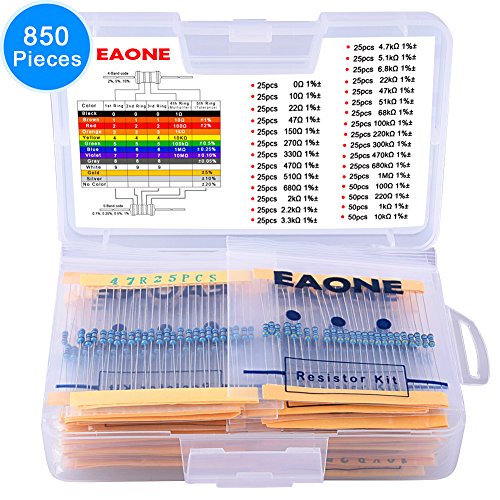 UPC 601263548966, EAONE 850 Pieces 30 Values 1% Resistor Kit, 0 Ohm-1M Ohm 1/4W Metal Film Resistors Assortment for DIY and Experiments