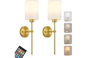 KARTOOSH Battery Operated Wall Sconces Set of Two,Wireless Rechargeable Wall Light With Remote Control, Dimmable, Amber Light/Warm White/Natural White/Daylight/RGB, Timer,for Living Room,Bedroom,Entryway,Gold