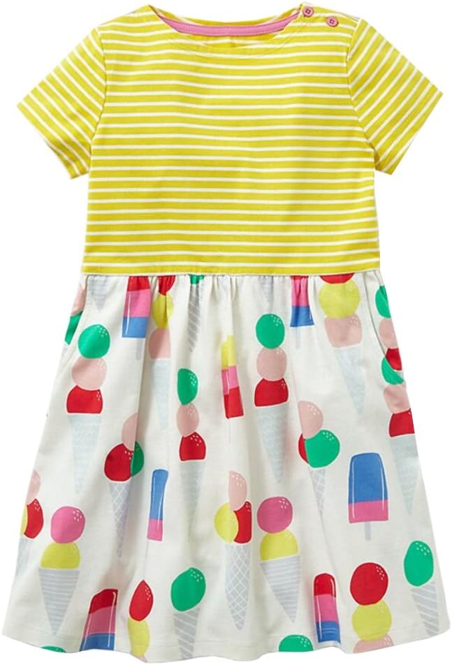 yangelo Ice Cream Cartoon Girls Short Sleeve Casual Little Girls Dresses T-Shirt Size 5T (Yellow)