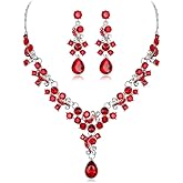wekicici Bridal Necklace Earrings Set Women's Wedding Crystal Multi Teardrop Cluster Statement Necklace Dangle Earrings Set for Women(Red)