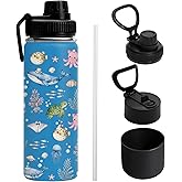 Uibunoo Whale Water Bottle for Son, Stainless Steel Insulated Ocean Themed Tumbler for Home with 2 Lids & Handle, Antislip Silicone Boot, 18oz Reusable Leak-Proof Marine Life Bottle for Sports, 1 PCS