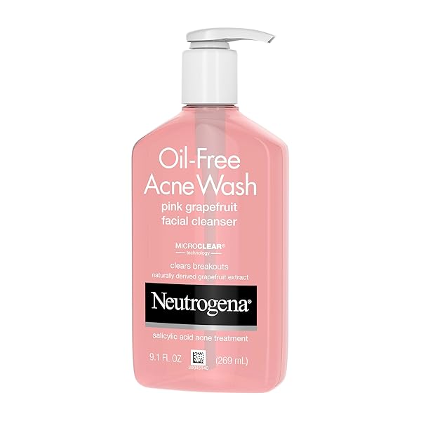 NEUTROGENA OIL-FREE ACNE WASH PINK GRAPEFRUIT FACIAL CLEANSER – WITH SALICYLIC ACID FOR CLEAR SKIN, DAILY FACE WASH FOR OILY & ACNE-PRONE SKIN, DEEP CLEANSING TREATMENT, 9.1 FL. OZ. BOTTLE