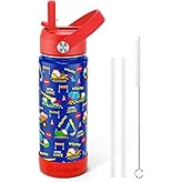 Fimibuke Kids Insulated Water Bottle, 18oz BPA FREE 18/8 Stainless Steel Kids Cup with Straw Travel Tumbler Double Wall Vacuum Leak Proof Toddler Water Bottle for School Boys Girls(1 Pack, Trucks)