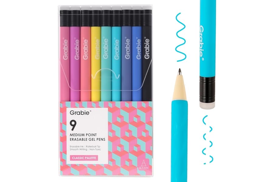 Grabie Erasable Gel Pens, Medium Point 0.7 mm Erasable Pens, Make Mistakes Disappear for Drawing Writing Planner, Pack of 9 Assorted Colors