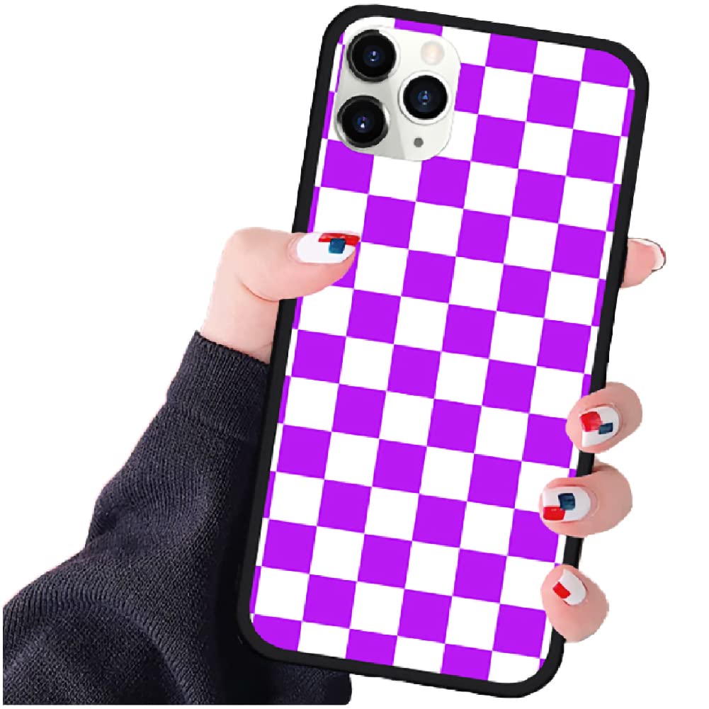 Vanqiang Checkerboard Phone Case Compatible with iPhone 5 5s Hard Back Cover Soft Edge Grid Lattice Plaid Tartan Damier Chessboard Checker Flag (Compatible with iPhone 5 5s, Purple White)
