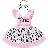 IMEKIS Toddler Baby Girl Farm Cow 1st Birthday Outfit Cow Print Dress with Headband Cake Smash Photo Shoot Clothes Set