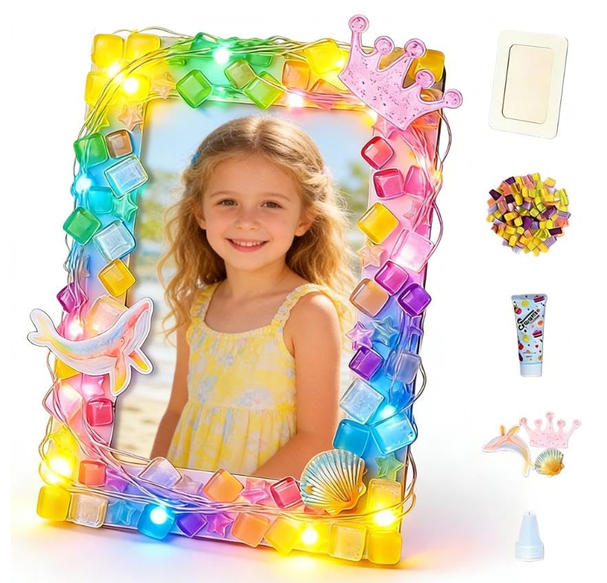 YUPDFGB Mosaic Magic Lights Photo Frame, Craft Kit, Colourful Mosaic Tiles, Light Up, Crafting Kit for Kids, Suitable for Ages 5, 6, 7+ Years