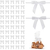 On-Airstore 50pcs 2.5" Twist Tie Bows Satin White Ribbon Bow for Gift Wrapping Treat Bags Mini Premade Bows for DIY Crafts Cake Wedding Baby Shower Birthday Party Favors Decorations