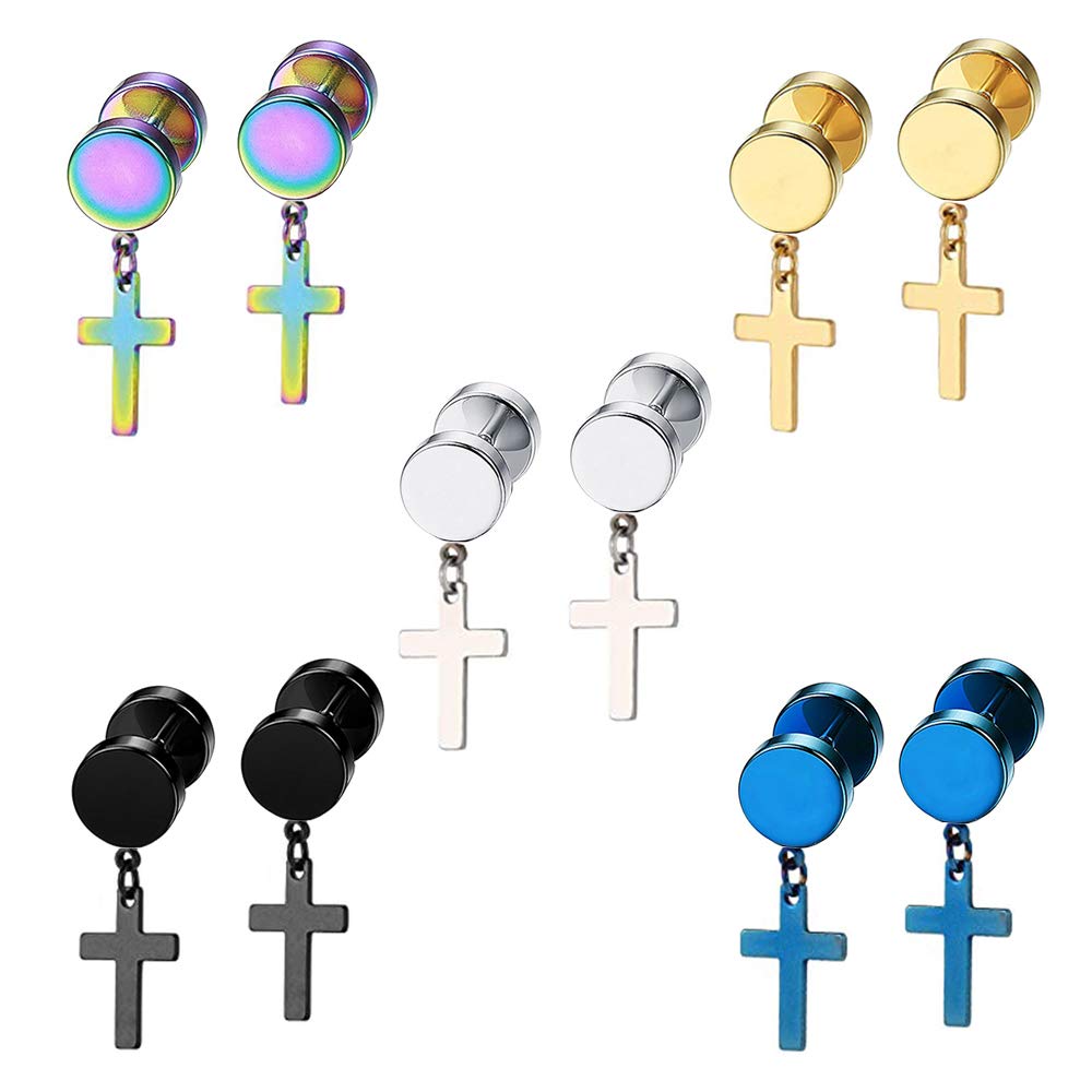 Epoch World 5 Pairs Set Stainless Steel Silver Black Gold Cross Studs Earrings for Men Women Boys Cross Earrings Dangle Piercing 8MM