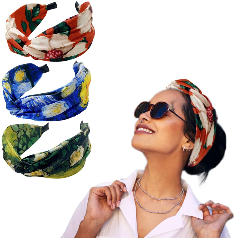 3Pcs Boho Wide Headband Rabbit Ears Hair Bands Fabric Non-Slip Headwear Elastic Twist Hair Hoop 1920s Accessories for Women Girls (Sunflower headband) — image 1