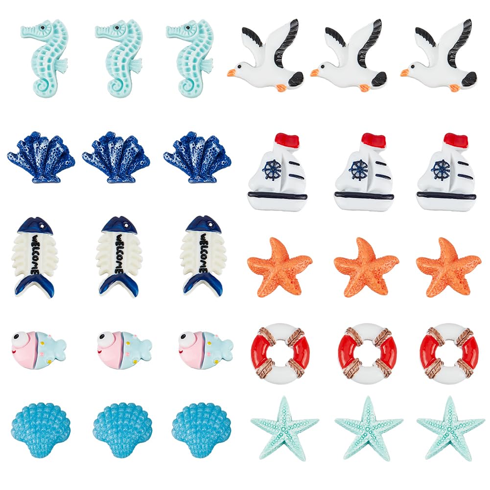 SUNNYCLUE 40Pcs 10 Styles Ocean Resin Charms Bulk Animal Cabochons Cute Beach Seahorse Starfish Shell Sailboat Summer Hawaii Embellishment Resins Charm for DIY Scrapbooking Embellishment jewellery