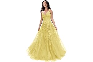 CHICBRIDAL Tulle Prom Dresses for Women 2024 Sparkly Lace Appliques Long Ball Gowns with Spaghetti Straps A-Line Evening Dresses
