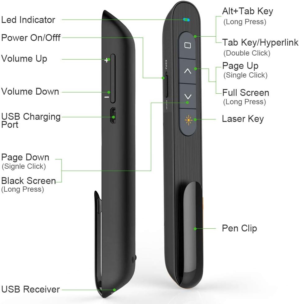 330FT KNORVAY N76 Green Presentation Remote Rechargeable Wireless Presenter Remote with Green Light, Presentation Pointer Slide Advancer Support Hyperlink/Volume/Key-Customized : Office Products