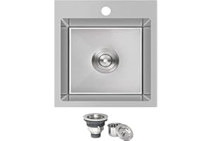 KINGO HOME Drop In Bar Sink,15 x 15 Inch Topmount RV 16 Gauge Stainless Steel Single Bowl Small Kitchen Sink,Outdoor Handmade Stainless Steel Wet Bar Perp Sink with Drain