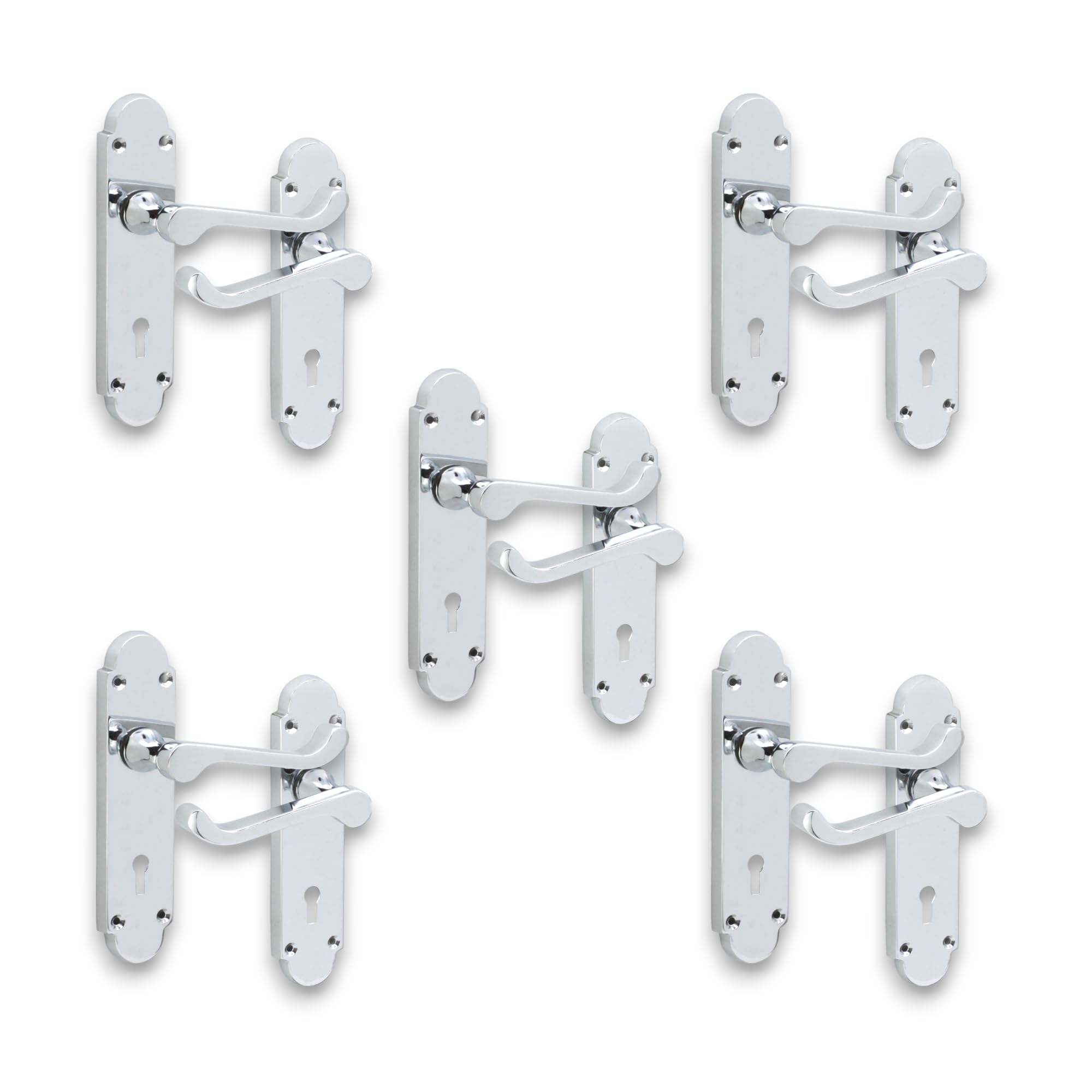Infinity Decor Set of 5 Polished Chrome Victorian Scroll Oakley Lever Lock Pull Door Handle on Half Round Backplate - for Interior and Exterior Use