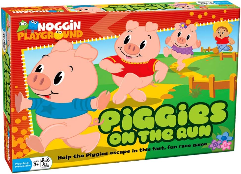 Outset Media - Piggies On the Run - Basic Counting Game Features Game Board, 54 Action cards, 6 Piggie Pieces and 6 Playing Stands (Ages 3+)