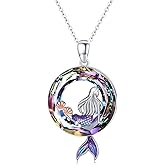 AOVEAO Mermaid Necklaces Round Shape Crystal Ocean Pendant Necklace Dainty Sterling Silver Starfish Beach Cute Jewelry Gifts for Women with Gift Box