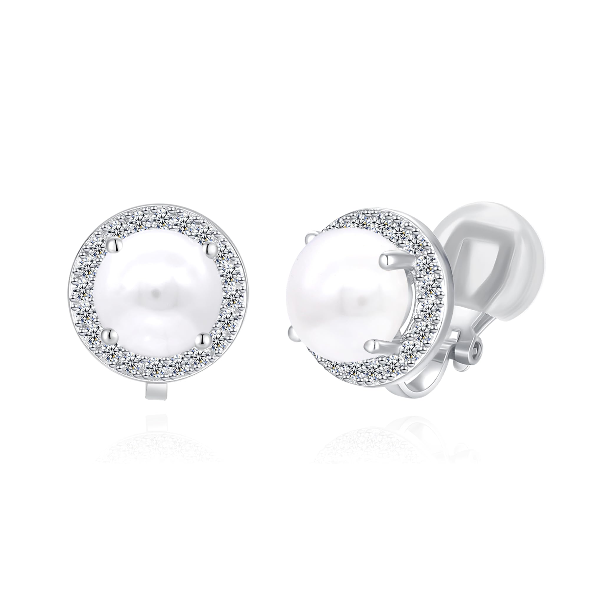 QUKE 8mm Simulated Pearl CZ Crystal Round Clip On Earrings Non Pierced Jewellery Elegant Stud For Women Girls