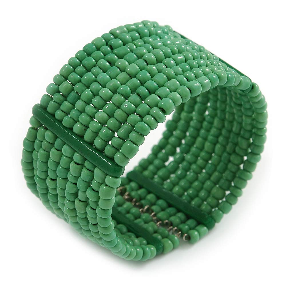 Avalaya Apple Green Glass Bead Flex Cuff Bracelet - Medium
