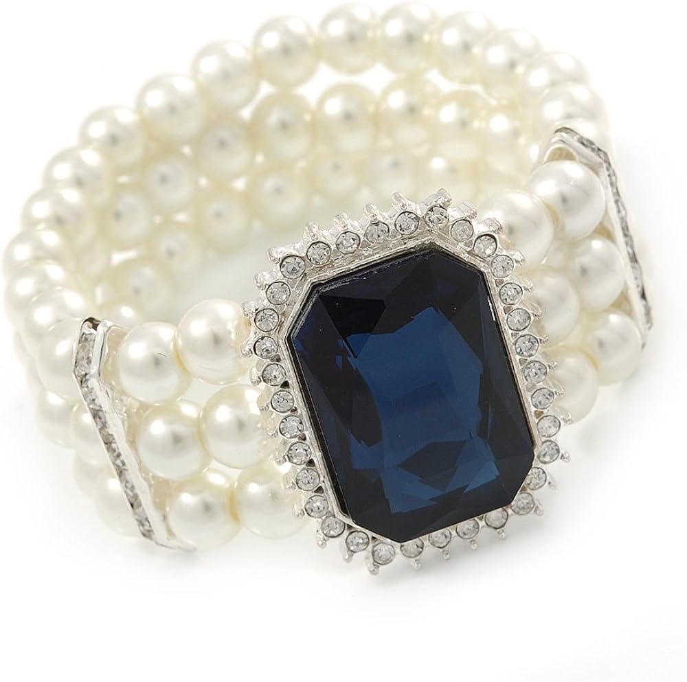 Avalaya Bridal, Wedding, Prom Multistrand Glass Pearl with Square Montana Blue Glass Pendant Flex Bracelet - 18cm L