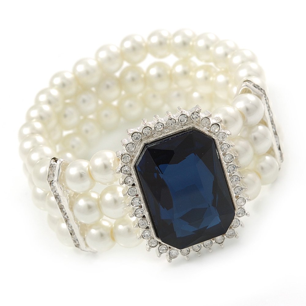 Avalaya Bridal, Wedding, Prom Multistrand Glass Pearl with Square Montana Blue Glass Pendant Flex Bracelet - 18cm L