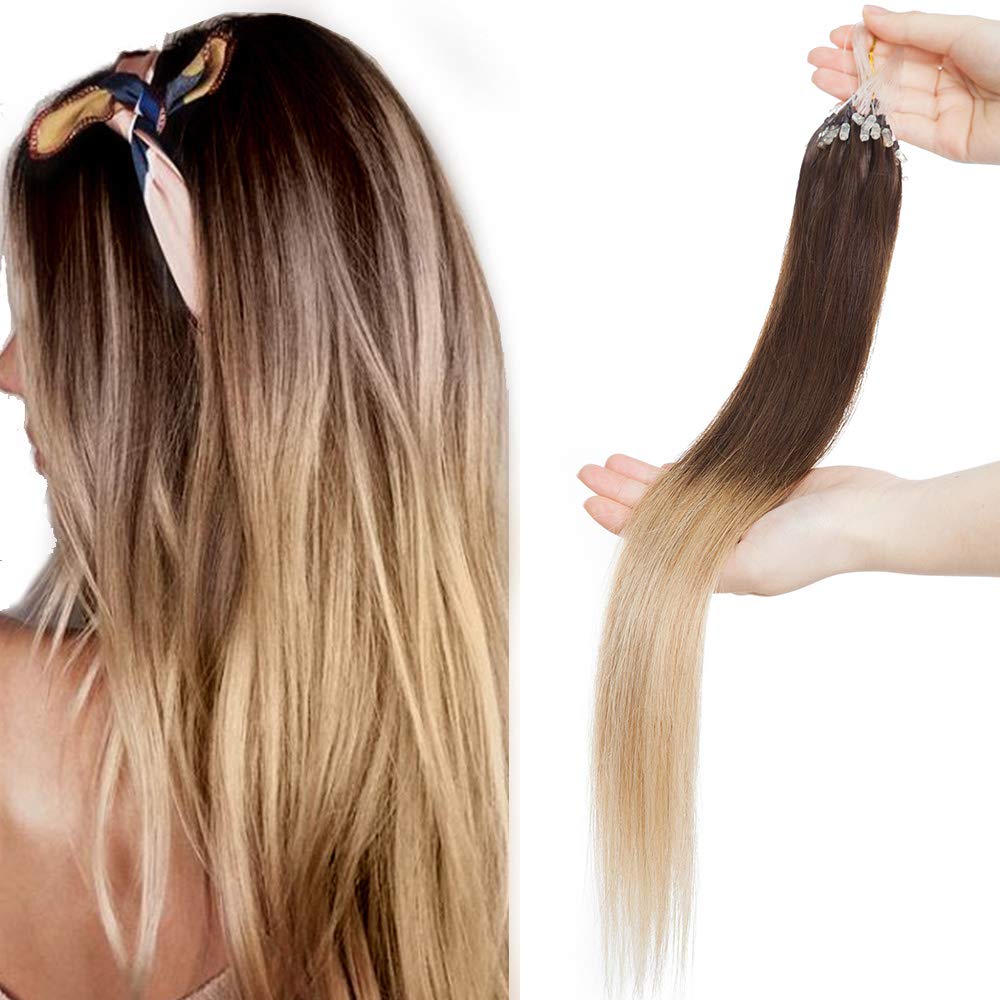 Micro Loop Hair Extensions Real Human Hair 1g With Micro Ring Beads - 50 Strands 50g Remy Hair Straight (#Ombre 4/27 Medium Brown/Dark Blonde, 24 inches)