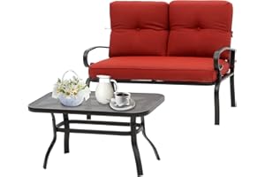 Incbruce Patio Loveseat with Coffee Table - Outdoor Bench with Cushion,2 Piece Wrought Iron Outdoor Loveseat Metal Frame Porch Furniture Set Bench for Patio, Poolside, Garden (Red)