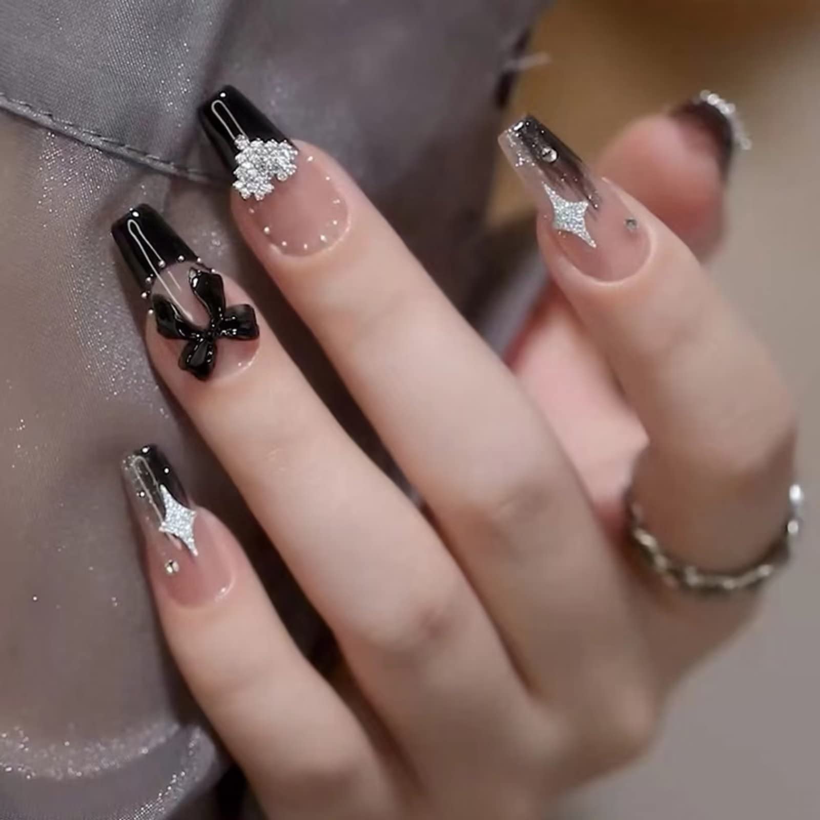 RUNRAYAY Black French Long Fake Nail, Press On False Nails with Bow Nail Rhinestones, Nude Coffin Acrylic Full Cover Nails Tips for Women & Girls 24Pcs — image 1