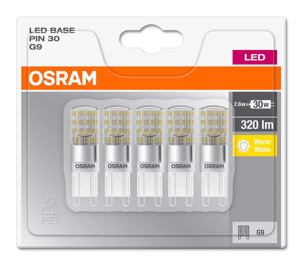 Osram LED Base Pin G9 lamp, G9, 2.60 W, Replacement for 30W, Clear, Warm White, 2700 K, Pack of 5