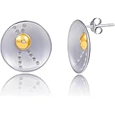 925 Sterling Silver Stud Earrings for Women | Polished Round Silver Earrings with Gold Ball and Bezel Diamond| Hypoallergenic 925 Silver Round Earrings for Women by MAX + STONE