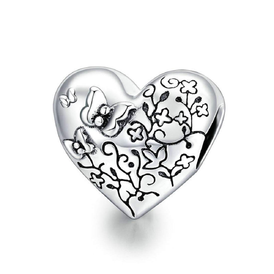 FeatherWish Butterfly Insect Flower Daisy Rose Vine Nature Love Heart Bead Sterling Silver 925 Fits And Compatible With Pandora Bracelets Gift For Wife Mum Sister Daughter (Butterfly Flower Heart)