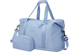 CAPOLO Expandable Travel Duffle Bag, Large Weekender Overnight Bags for Women Men 20.5 Inch Waterproof Carry on Shoulder Tote Bags for Hospital Maternity Mommy Gym with Toiletry Bag Light Blue