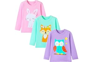 HILEELANG Toddler Girl Long Sleeve Shirt Graphic Cotton Casual Crewneck Tops, Fall Winter Layering Tees 3 Pack,2–7 Years