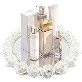 XINFUHUA Gold Mirror Tray, Round Bathroom Countertop Gold Tray for Vanity, Tray for Dresser Decor, Perfume and Lotion Organizer (White, 7.48 in)