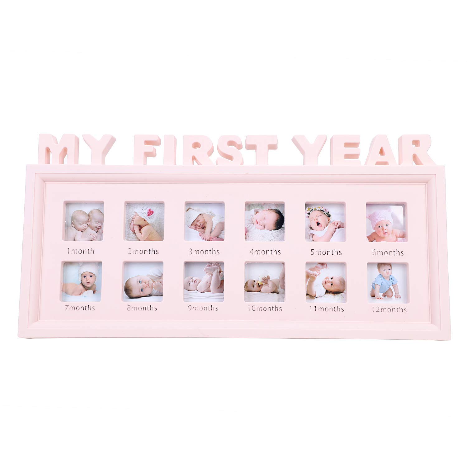 Newborn Baby Plastic Photo Frame Infant 0-12 Months Memorial Picture Frame My First Year Baby Photo Moment Keepsake Picture Frame Creative DIY Baby Shower Photo Frame for Standing Wall Mount Decor
